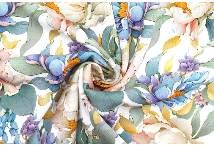 Tissu Gabardine Viscose Imprimé Fleur April Blanc de Qualité, Tissu au mètre, Tissu pas cher - Alltissus.com