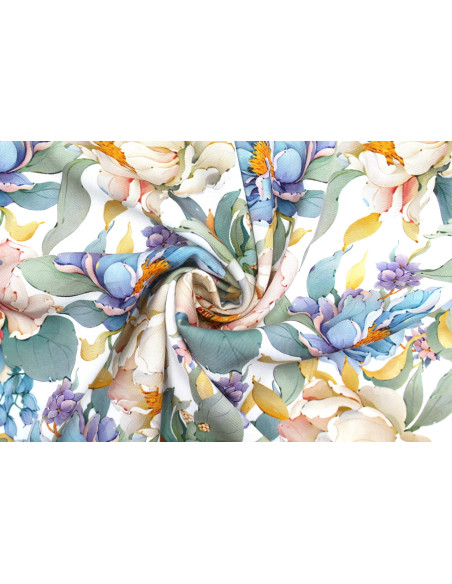 Tissu Gabardine Viscose Imprimé Fleur April Blanc de Qualité, Tissu au mètre, Tissu pas cher - Alltissus.com