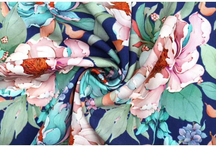 Tissu Gabardine Viscose Imprimé Fleur April Marine de Qualité, Tissu au mètre, Tissu pas cher - Alltissus.com