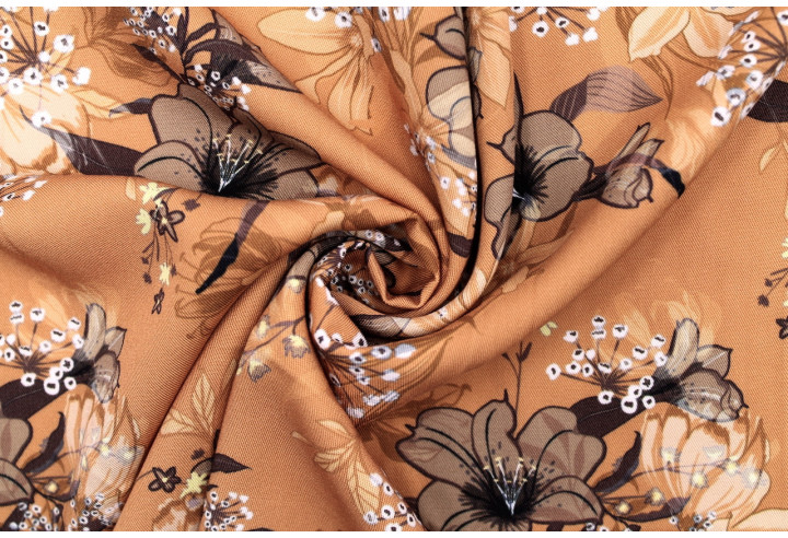 Tissu Gabardine Viscose Imprimé Fleur Délys Orange de Qualité, Tissu au mètre, Tissu pas cher - Alltissus.com