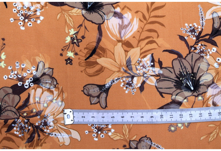 Tissu Gabardine Viscose Imprimé Fleur Délys Orange de Qualité, Tissu au mètre, Tissu pas cher - Alltissus.com