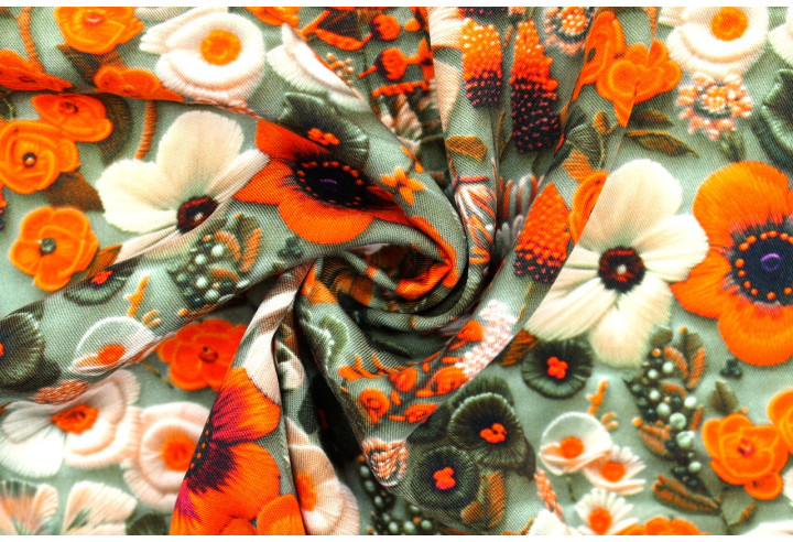 Tissu Gabardine Viscose Imprimé Fleur Chic Orange de Qualité, Tissu au mètre, Tissu pas cher - Alltissus.com