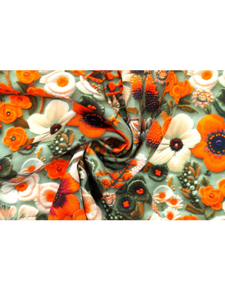 Tissu Gabardine Viscose Imprimé Fleur Chic Orange de Qualité, Tissu au mètre, Tissu pas cher - Alltissus.com