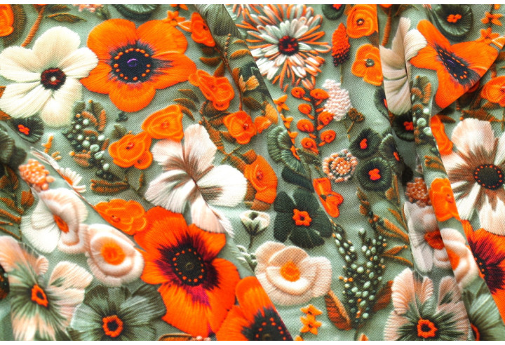 Tissu Gabardine Viscose Imprimé Fleur Chic Orange de Qualité, Tissu au mètre, Tissu pas cher - Alltissus.com