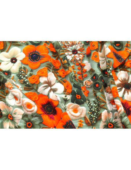 Tissu Gabardine Viscose Imprimé Fleur Chic Orange de Qualité, Tissu au mètre, Tissu pas cher - Alltissus.com
