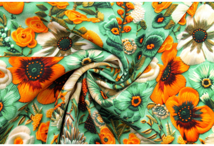 Tissu Gabardine Viscose Imprimé Fleur Chic Vert de Qualité, Tissu au mètre, Tissu pas cher - Alltissus.com