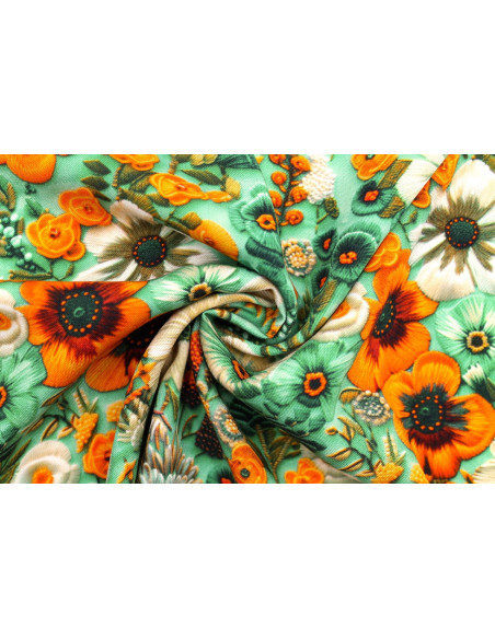 Tissu Gabardine Viscose Imprimé Fleur Chic Vert de Qualité, Tissu au mètre, Tissu pas cher - Alltissus.com