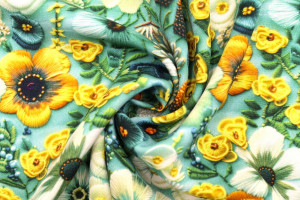 Tissu Gabardine Viscose Imprimé Fleur Chic Turquoise de Qualité, Tissu au mètre, Tissu pas cher - Alltissus.com