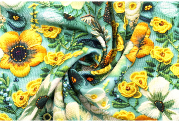 Tissu Gabardine Viscose Imprimé Fleur Chic Turquoise de Qualité, Tissu au mètre, Tissu pas cher - Alltissus.com