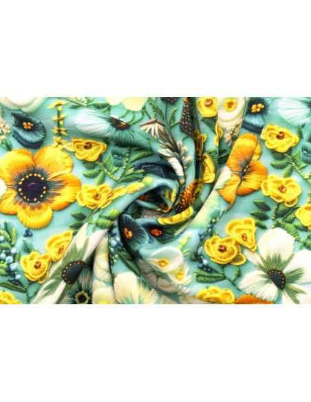 Tissu Gabardine Viscose Imprimé Fleur Chic Turquoise de Qualité, Tissu au mètre, Tissu pas cher - Alltissus.com