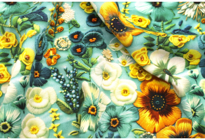 Tissu Gabardine Viscose Imprimé Fleur Chic Turquoise de Qualité, Tissu au mètre, Tissu pas cher - Alltissus.com