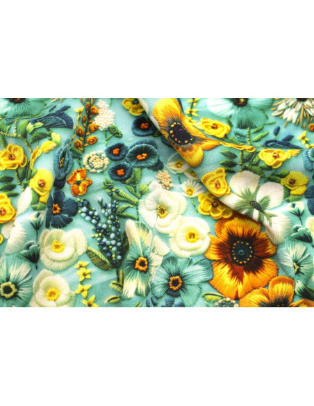 Tissu Gabardine Viscose Imprimé Fleur Chic Turquoise de Qualité, Tissu au mètre, Tissu pas cher - Alltissus.com