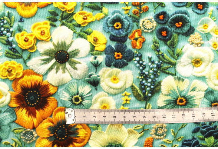 Tissu Gabardine Viscose Imprimé Fleur Chic Turquoise de Qualité, Tissu au mètre, Tissu pas cher - Alltissus.com