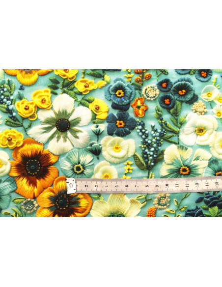 Tissu Gabardine Viscose Imprimé Fleur Chic Turquoise de Qualité, Tissu au mètre, Tissu pas cher - Alltissus.com