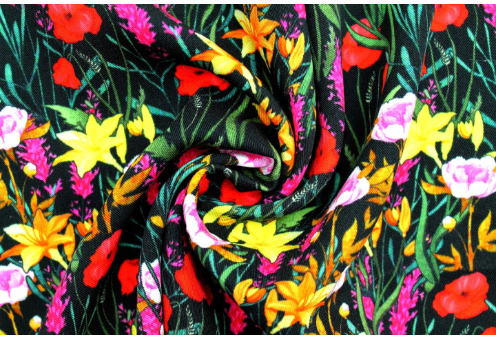 Tissu Gabardine Viscose Imprimé Fleur Stary Noir de Qualité, Tissu au mètre, Tissu pas cher - Alltissus.com