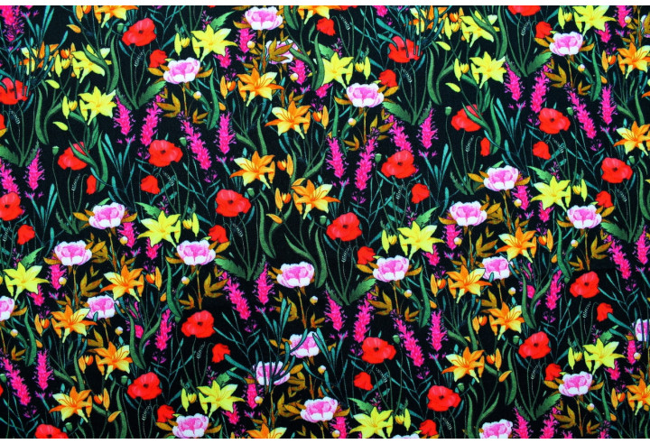 Tissu Gabardine Viscose Imprimé Fleur Stary Noir de Qualité, Tissu au mètre, Tissu pas cher - Alltissus.com