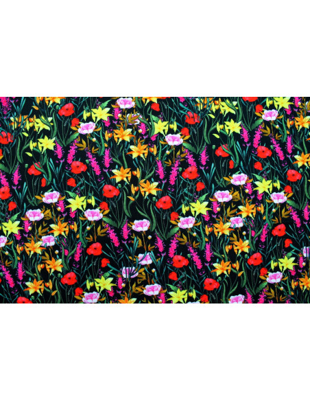 Tissu Gabardine Viscose Imprimé Fleur Stary Noir de Qualité, Tissu au mètre, Tissu pas cher - Alltissus.com