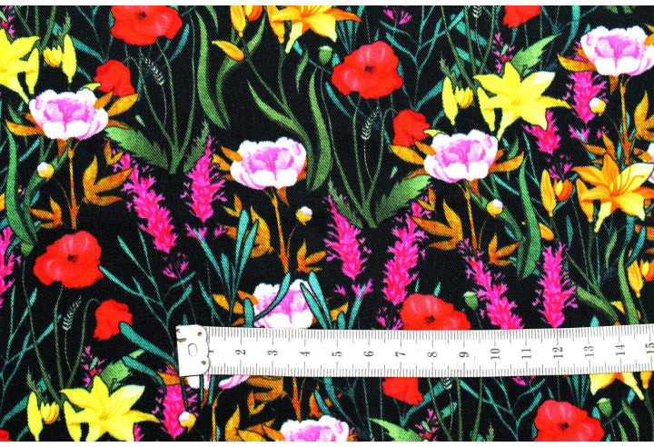 Tissu Gabardine Viscose Imprimé Fleur Stary Noir de Qualité, Tissu au mètre, Tissu pas cher - Alltissus.com