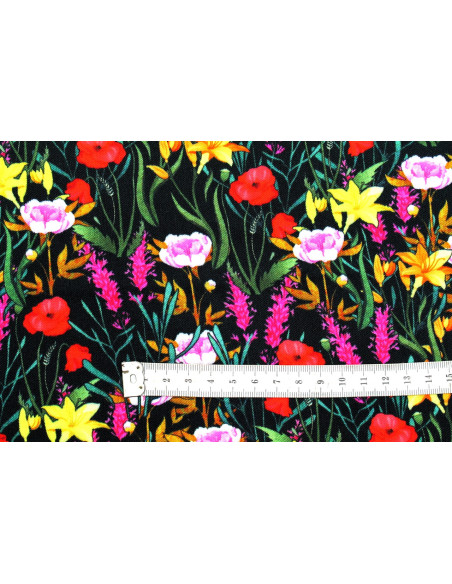 Tissu Gabardine Viscose Imprimé Fleur Stary Noir de Qualité, Tissu au mètre, Tissu pas cher - Alltissus.com
