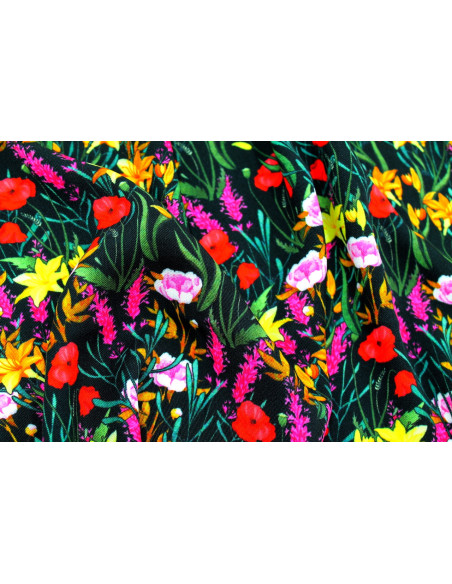 Tissu Gabardine Viscose Imprimé Fleur Stary Noir de Qualité, Tissu au mètre, Tissu pas cher - Alltissus.com