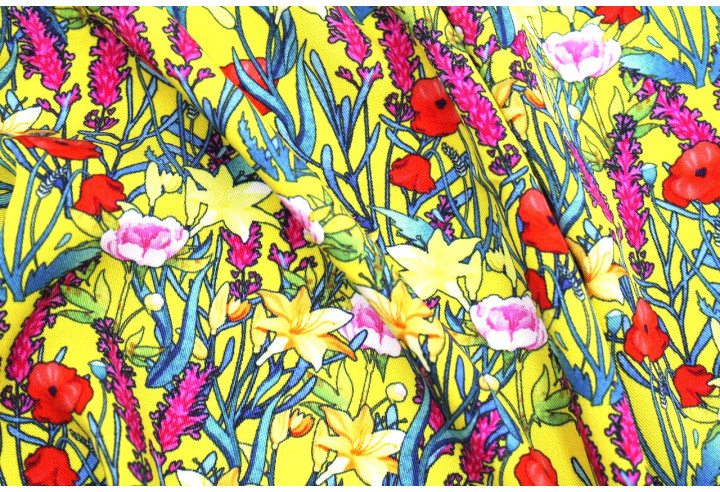 Tissu Gabardine Viscose Imprimé Fleur Stary Jaune de Qualité, Tissu au mètre, Tissu pas cher - Alltissus.com