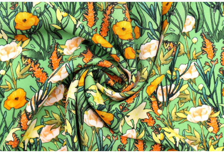 Tissu Gabardine Viscose Imprimé Fleur Stary Vert de Qualité, Tissu au mètre, Tissu pas cher - Alltissus.com