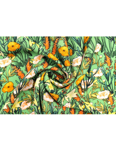 Tissu Gabardine Viscose Imprimé Fleur Stary Vert de Qualité, Tissu au mètre, Tissu pas cher - Alltissus.com
