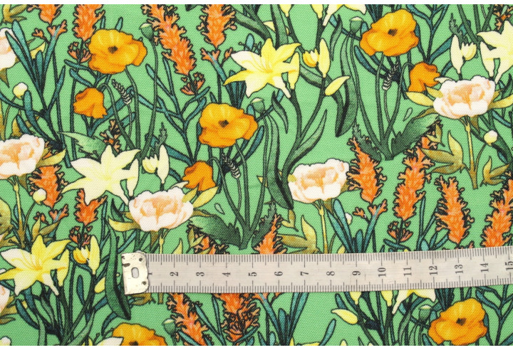 Tissu Gabardine Viscose Imprimé Fleur Stary Vert de Qualité, Tissu au mètre, Tissu pas cher - Alltissus.com