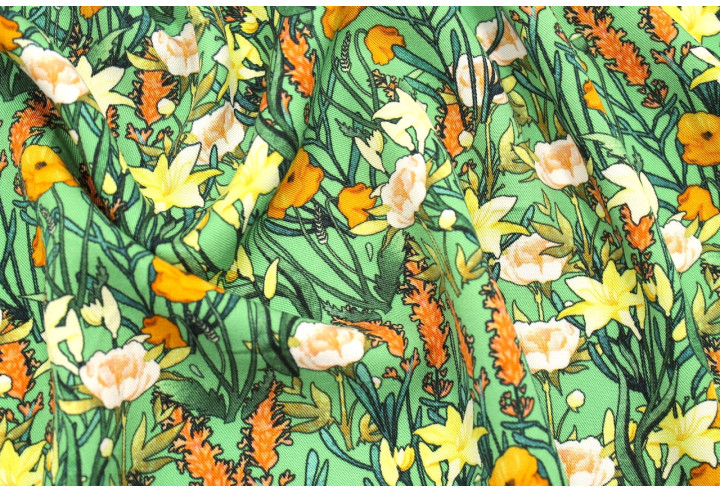 Tissu Gabardine Viscose Imprimé Fleur Stary Vert de Qualité, Tissu au mètre, Tissu pas cher - Alltissus.com