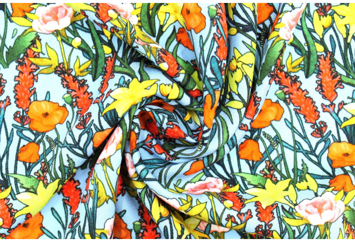 Tissu Gabardine Viscose Imprimé Fleur Stary Bleu de Qualité, Tissu au mètre, Tissu pas cher - Alltissus.com