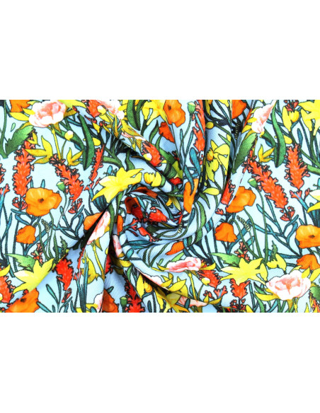 Tissu Gabardine Viscose Imprimé Fleur Stary Bleu de Qualité, Tissu au mètre, Tissu pas cher - Alltissus.com