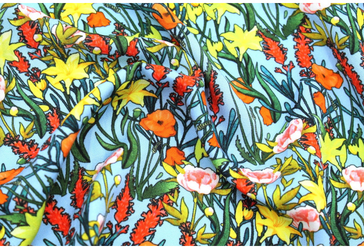 Tissu Gabardine Viscose Imprimé Fleur Stary Bleu de Qualité, Tissu au mètre, Tissu pas cher - Alltissus.com