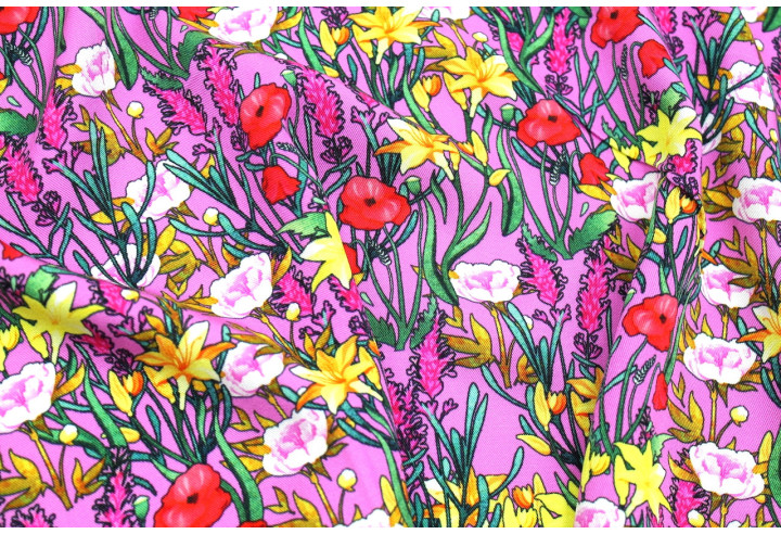 Tissu Gabardine Viscose Imprimé Fleur Stary Rose de Qualité, Tissu au mètre, Tissu pas cher - Alltissus.com