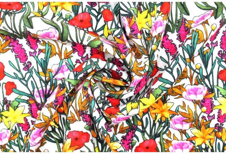 Tissu Gabardine Viscose Imprimé Fleur Stary Blanc de Qualité, Tissu au mètre, Tissu pas cher - Alltissus.com