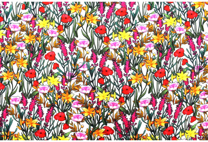 Tissu Gabardine Viscose Imprimé Fleur Stary Blanc de Qualité, Tissu au mètre, Tissu pas cher - Alltissus.com