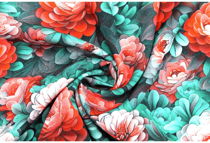 Tissu Gabardine Viscose Imprimé Fleur Rosa Rouge de Qualité, Tissu au mètre, Tissu pas cher - Alltissus.com