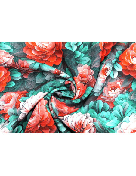 Tissu Gabardine Viscose Imprimé Fleur Rosa Rouge de Qualité, Tissu au mètre, Tissu pas cher - Alltissus.com