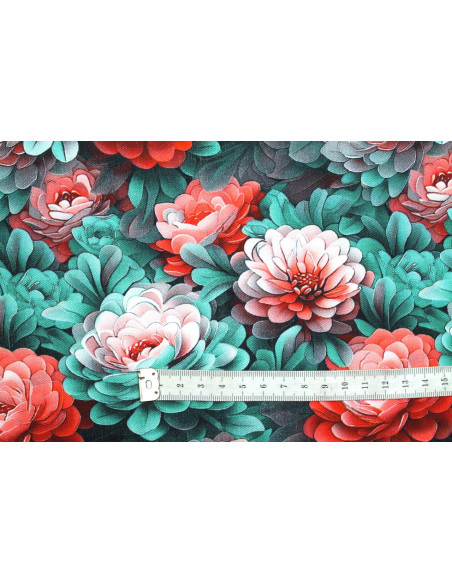 Tissu Gabardine Viscose Imprimé Fleur Rosa Rouge de Qualité, Tissu au mètre, Tissu pas cher - Alltissus.com