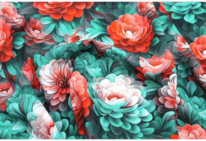 Tissu Gabardine Viscose Imprimé Fleur Rosa Rouge de Qualité, Tissu au mètre, Tissu pas cher - Alltissus.com