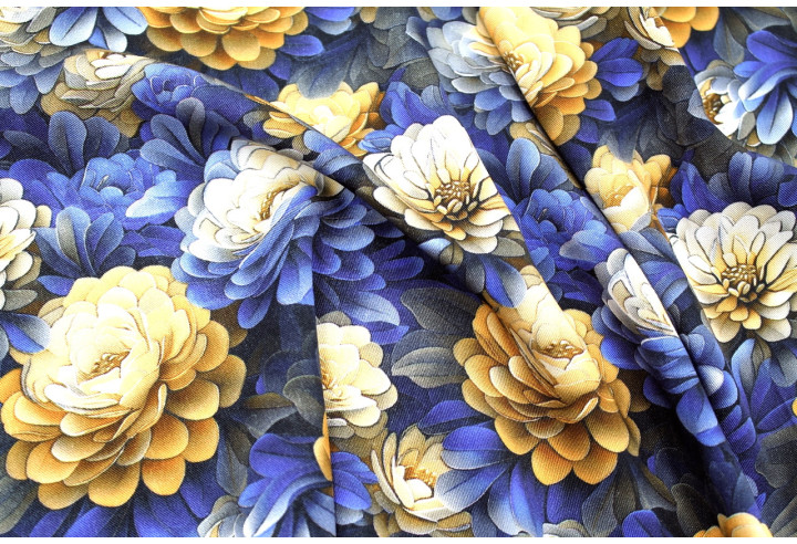 Tissu Gabardine Viscose Imprimé Fleur Rosa Marine de Qualité, Tissu au mètre, Tissu pas cher - Alltissus.com