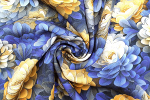 Tissu Gabardine Viscose Imprimé Fleur Rosa Marine de Qualité, Tissu au mètre, Tissu pas cher - Alltissus.com