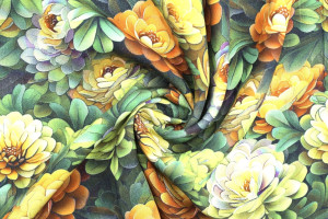 Tissu Gabardine Viscose Imprimé Fleur Rosa Vert de Qualité, Tissu au mètre, Tissu pas cher - Alltissus.com
