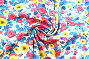 Tissu Gabardine Viscose Imprimé Fleur Poppies Bleu et Rose de Qualité, Tissu au mètre, Tissu pas cher - Alltissus.com