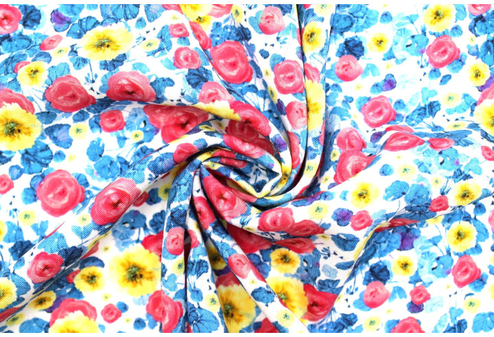 Tissu Gabardine Viscose Imprimé Fleur Poppies Bleu et Rose de Qualité, Tissu au mètre, Tissu pas cher - Alltissus.com