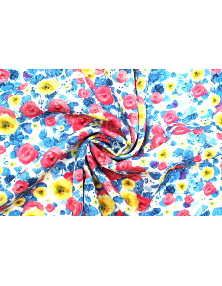 Tissu Gabardine Viscose Imprimé Fleur Poppies Bleu et Rose de Qualité, Tissu au mètre, Tissu pas cher - Alltissus.com