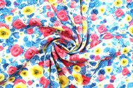 Tissu Gabardine Viscose Imprimé Fleur Poppies Bleu et Rose de Qualité, Tissu au mètre, Tissu pas cher - Alltissus.com