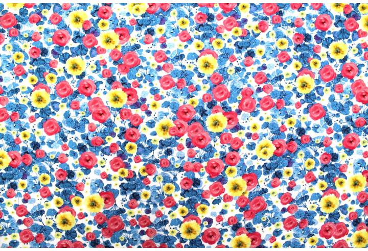 Tissu Gabardine Viscose Imprimé Fleur Poppies Bleu et Rose de Qualité, Tissu au mètre, Tissu pas cher - Alltissus.com