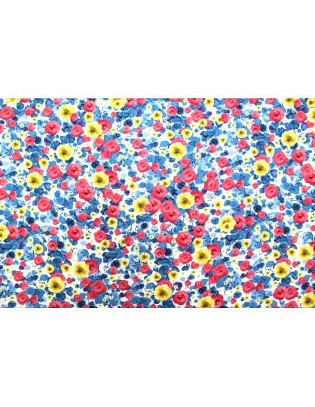 Tissu Gabardine Viscose Imprimé Fleur Poppies Bleu et Rose de Qualité, Tissu au mètre, Tissu pas cher - Alltissus.com