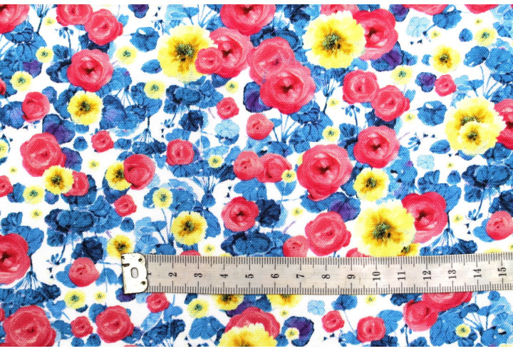 Tissu Gabardine Viscose Imprimé Fleur Poppies Bleu et Rose de Qualité, Tissu au mètre, Tissu pas cher - Alltissus.com