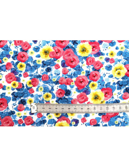 Tissu Gabardine Viscose Imprimé Fleur Poppies Bleu et Rose de Qualité, Tissu au mètre, Tissu pas cher - Alltissus.com